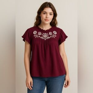 Knox Rose Burgundy Embroidered Peasant Blouse Women’s M Boho Cottagecore Hippie